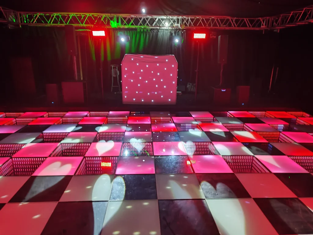 Mobile-Disco-Hire-Entertainment-Hire red Dance Floor With Bride & Groom Love Heart Showing