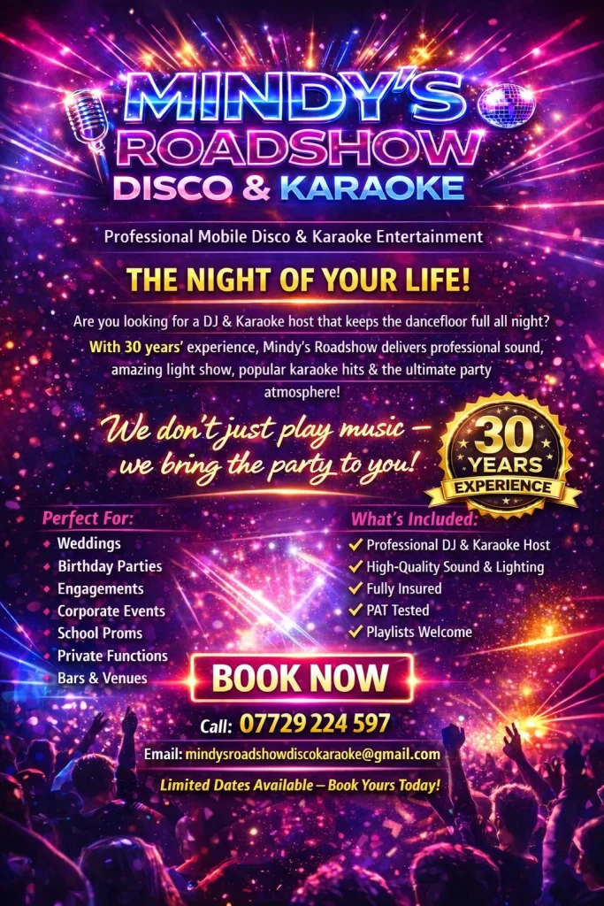 Mindy’s Roadshow Disco and Karaoke mobile DJ services for weddings, parties and events – call 07729 224 597