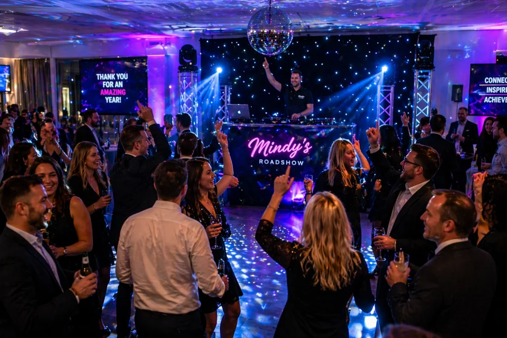 Corporate DJ event in Norfolk with professionals dancing and networking under stylish lighting at a modern company party.