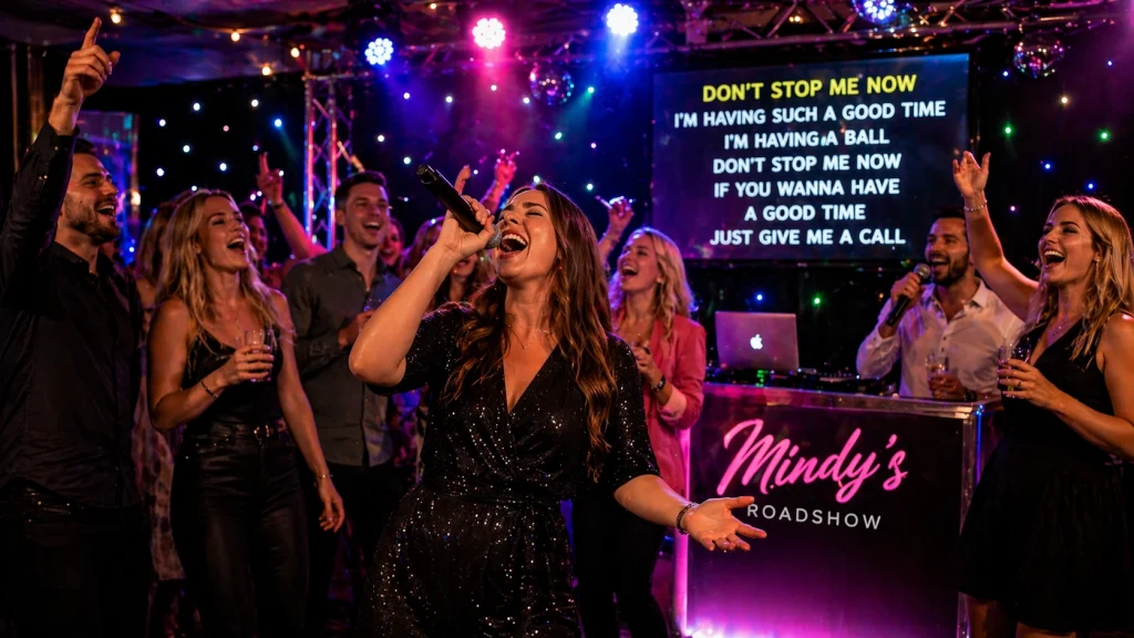 Karaoke disco party in Norfolk with singer performing into microphone while guests cheer, sing along and enjoy colourful DJ lighting.