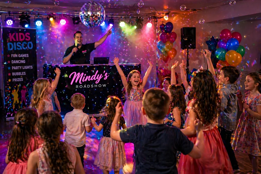Kids disco in Norfolk with children dancing under colourful lights, balloons and DJ entertainment at a fun party.