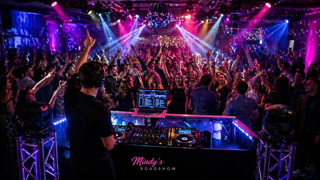 Mobile disco DJ in Norfolk performing to a packed dancefloor with vibrant lighting, energetic crowd and professional DJ setup.