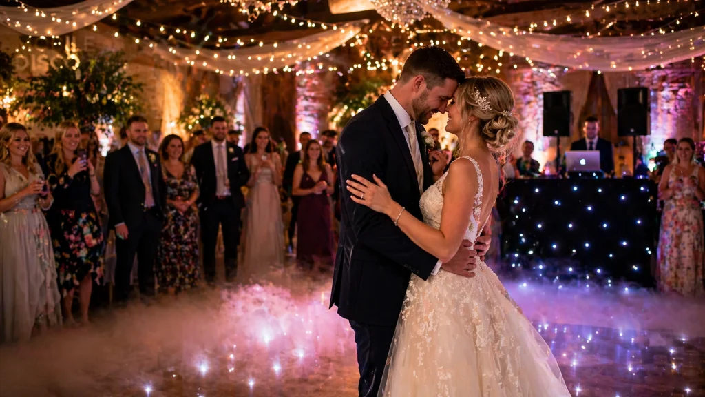 Wedding DJ in Norfolk capturing a romantic first dance with bride and groom under warm fairy lights and elegant reception lighting.