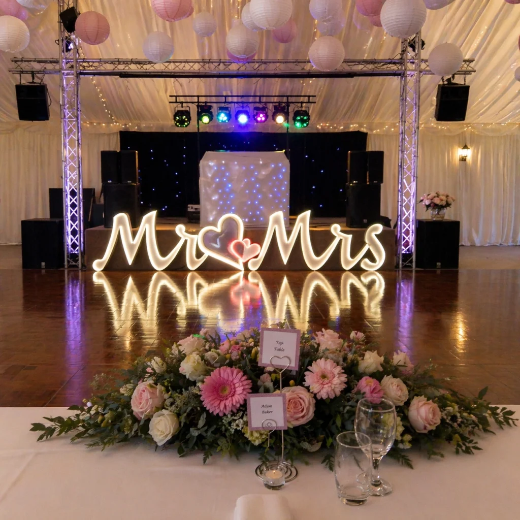 Wedding mobile disco setup in Norfolk with illuminated Mr and Mrs letters, DJ booth, dance floor, and floral top table arrangement